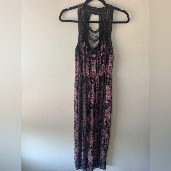 Free People Bohemian Moroccan Black Printed Lace Yoke Maxi Dress Size 2 - Picture 4 of 12